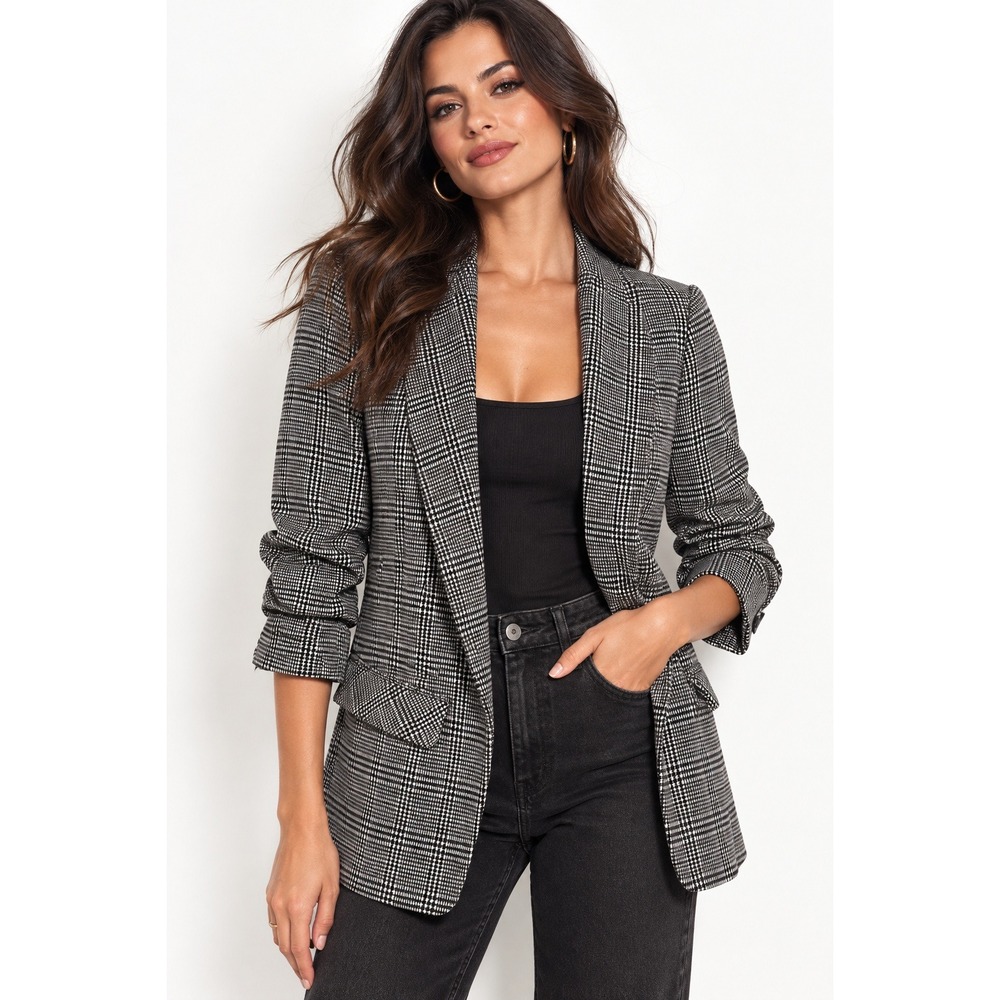 Daniel Rainn Open Ruched 3/4 Sleeve Blazer Black White Plaid Small
